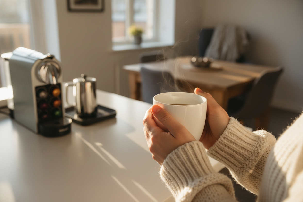 Person enjoying coffee at home